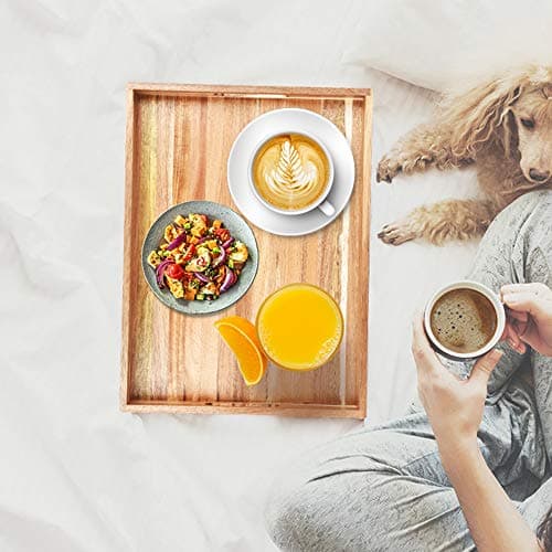 Acacia Wood Serving Tray with Handles (17 Inches) – Decorative Serving Trays Platter for Breakfast in Bed, Lunch, Dinner, Appetizers, Patio, Ottoman, Coffee Table, BBQ, Party –Great for Lap &Couch 8