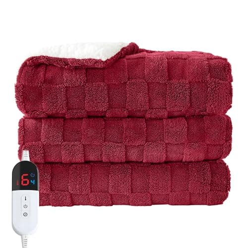 Easthome Electric Heated Throw Blanket - Jacquard Checkered Sherpa 50"x60" Fast Heating Bed Blankets with 6 Heating Levels & 4 Hours Auto Off, Over-Heat Protection ETL, Red