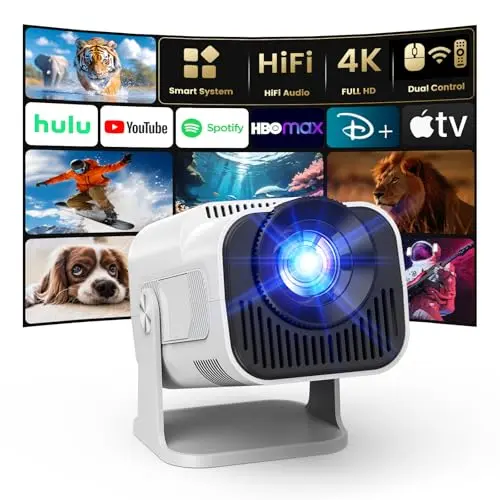 4K Projector with Wifi and Bluetooth, 1080P Native Mini Projector Portable, Compatibile with TV Stick/Memory Stick/Laptop, Smart Home Outdoor Projector-White