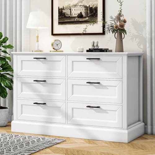 biukpci White 6 Drawer Dresser for Bedroom, Modern Chest of Drawers with Deep Drawers, Wood Double Dresser for Storage Clothes