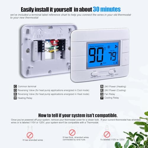 Non Programmable Thermostat for Home - Single Stage 1H/1C, with Room Temperature & Humidity Display and Large Blue LCD 6