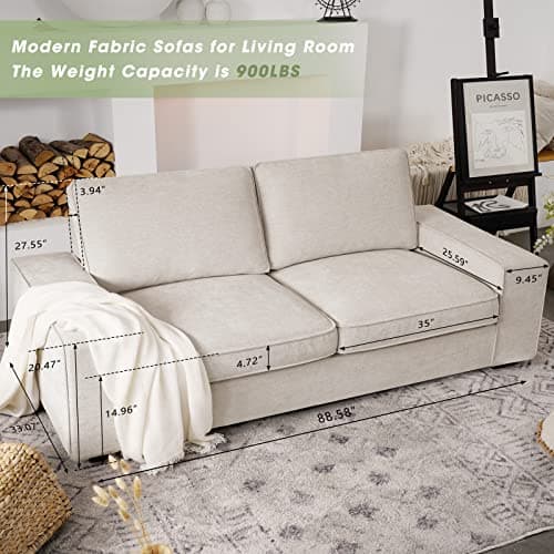 LEISLAND 88.58" Modern Sofas Couches for Living Room, Chenille Sofas & couches with Square Armrest, Removable Low-Back Sofa Cushion and Detachable Sofa Cover/Easy to Install(Beige) 6