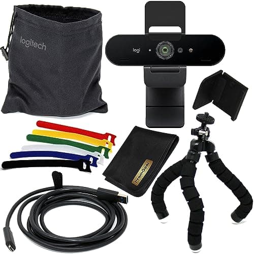 Logitech Brio Ultra 4K HD Pro Webcam for PC & Laptop, for Video Meating & Gaming with Noise-Canceling Microphone, Camera Lens Cover, Pouch + PremGear Flexible Tripod, Cord Organizer Ties & Cloth