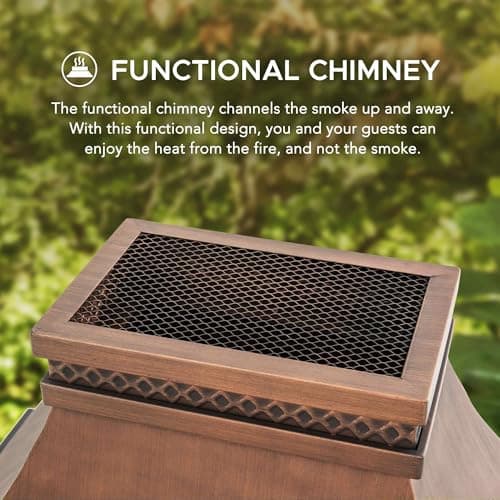 Sunjoy Outdoor Fireplace, Stone Look Tile Patio Wood Burning Steel Fireplace with Chimney, Spark Screen, Fire Poker, Rain Cover, and Removable Grate, Copper with Gray Tile 5