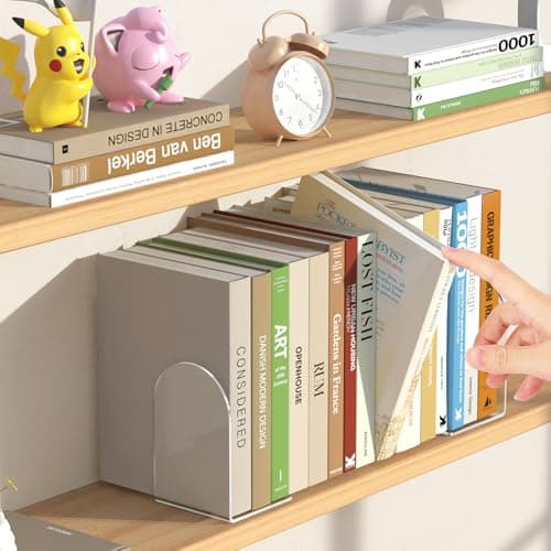 4 Pcs Acrylic Bookends, Clear Book Ends for Heavy Books, Bookend Holders for Shelves, Arch Book Stopper to Hold Books, Decorative Bookends for School, Library, Home, Office 5