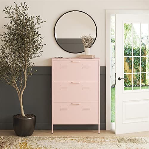 REALROOMS Shadwick 3 Door Locker Style Metal Shoe Storage Cabinet, Pink