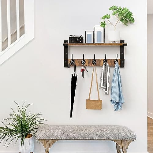 Oraich Wall Hooks with Shelf, Coat Rack Wall Mount for Coat Backpack Key Clothes Hanger, Wall Floating Shelf Hanging in Entryway, Living Room, Bathroom, Bedroom, Kitchen 6