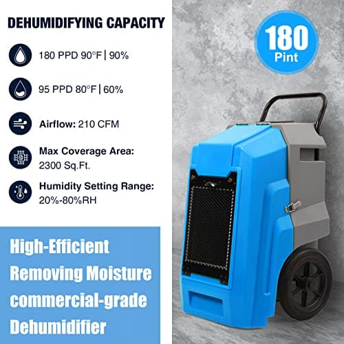 MOUNTO 180Pints Commercial Dehumidifier with Pump and Drain Hose, LGR Portable Dehumidifier with wheels for Home, Basements, Garages, and Job Sites. 2