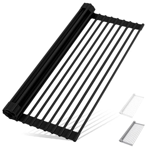 HANZENMA Roll Up Dish Drying Rack Over The Sink Kitchen Roll Up Sink Drying Rack Multipurpose Foldable Sink Drying Mat, Heat-Resistant, Anti-Slip & Anti-Rust Dish Rack for Kitchen, 17" x 13", Black