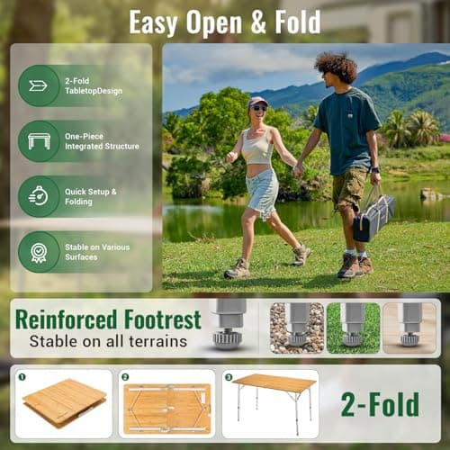 KingCamp Bamboo Folding Table, Camping Outdoor Portable Camp Table with Adjustable Height legs & Carry Bag for Outdoor RV Backyard Picnic Tailgating Beach 9
