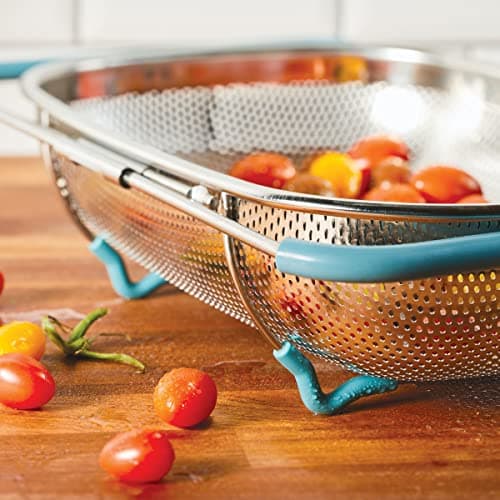 Rachael Ray Tools and Gadgets Over-The-Sink Colander/Strainer, 4.5 Quart, Stainless Steel with Agave Blue Handles 9