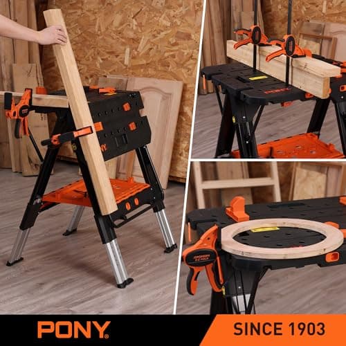 Pony Portable Folding Work Table, 2-in-1 as Sawhorse & Workbench, 31” W×25” D×25”-35”H, Large Load Capacity with 4pcs Clamps, 4pcs Bench Dogs 9