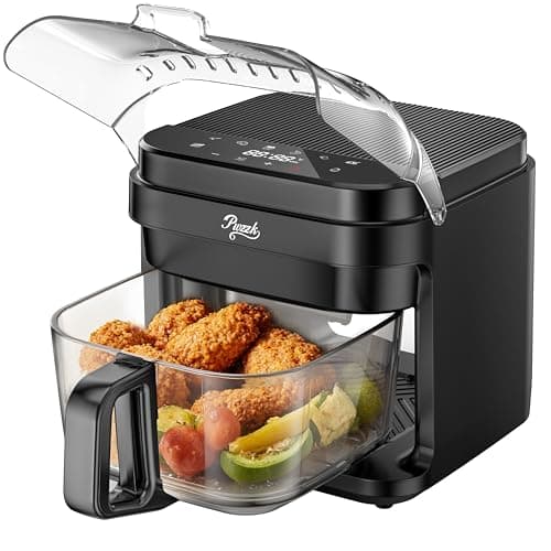 PwZzk 5.8QT Glass Air Fryer with Basket, Non-Toxic, BPA & Teflon Free, 8 Presets, Infrared Heating, Flip-Up Safety Shield, Oil-Less Cooking, Easy Clean, Compact for 1–3 People