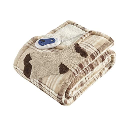 Comfort Spaces Plush to Sherpa Electric Blanket Shawl Shoulder, Neck Wrap with Matching Sock Set, Giftable Ultra Soft, Warm, Snuggle Fleece-Reversible Heated Poncho Throw, 50" W x 64" L, Tan Plaid