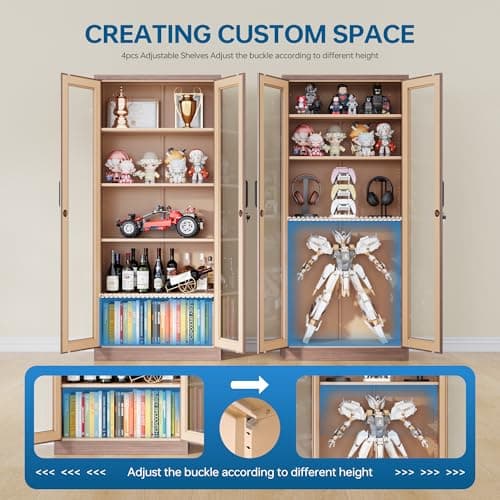 PEUKC Display Cabinet with Glass Doors, 71 Inches Metal Display Case with 4 Adjustable Shelves, Curio Storage Cabinet with Lock for Home, Office, Book, Pantry, Assemble Required (Wood Color) 7