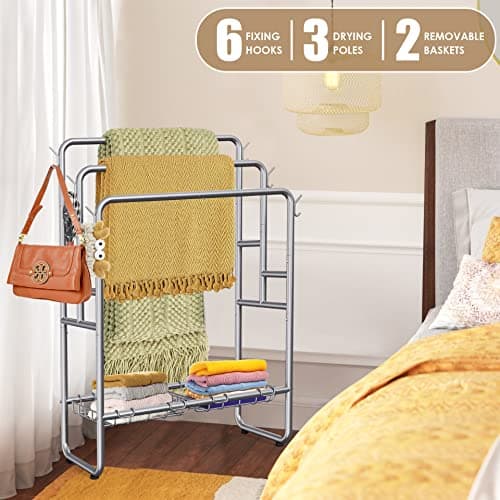 Kayfia 40" H Towel Rack Freestanding, 3-Tier Bath Towel Holder Stand with Storage Baskets & Hooks, Blanket Drying and Display Rack for Oversized Bath Towels, Metal Towel Rack Stand Indoor Outdoor 8