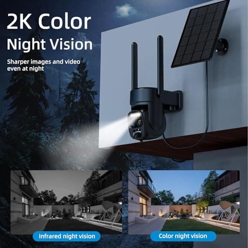 Hawkray Pannel Solar Wireless Outdoor Security Camera， Dual-Lens, 10xZoom, 2K Resolution 3MP 360°Pan/Tilt，2.4&5G WiFi Battery Powered Camera with Spotlight Alarm PIR Motion Detection 5