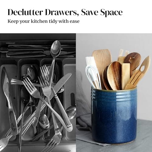 DOWAN 7.2" Kitchen Utensil Holder, Extra Large Farmhouse Utensil Holders for Countertop, Ceramic Utensil Crock, Anti Slip Cork Bottom 5