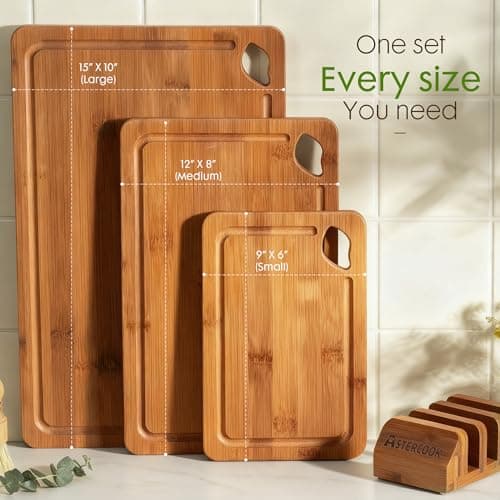Astercook Deep-Carbonized Bamboo Cutting Boards for Kitchen with Wood Storage Stand, Reversible Charcuterie & Chopping Boards with Juice Grooves and Easy-Grip Handles, Knife-Friendly, Kitchen Gift 8