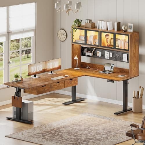 SEDETA 68.9" Standing L Shaped Gaming Desk, Office Computer Desk with Storage Hutch and Drawers, Stand Up Corner Desk with Pegboard & Led Lights for Home Office, Rustic Brown