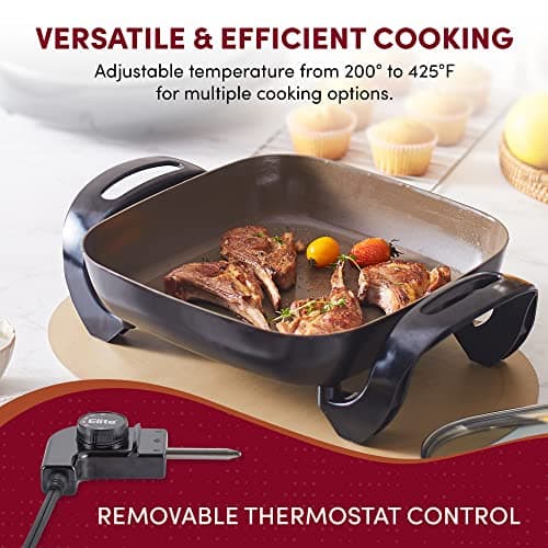 Elite Gourmet EG3033 12"x12"x2.35” Healthy Ceramic with Titanium Coated Scratch Resistant Electric Skillet, Dishwasher Safe, Rapid Heat Up, 1200W, Dark Grey, 6 Quart 6