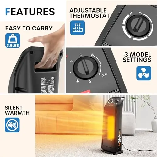 ECOWELL Space Heater for Indoor Use, 1500W Fast Heating Ceramic Electric Heater with Thermostat, 18" Small Space Heater, 3 Modes, Tip-Over Protection,Portable Heater for Home Office Bedroom, EHT180 5