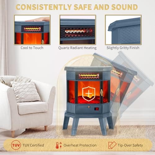 RealSmart Electric Fireplace Heater 22 in Freestanding Fireplace Stove Infrared Fireplace with 3D Flame Effect Remoted Control, Timer, Overheating Protection (Blue) 6
