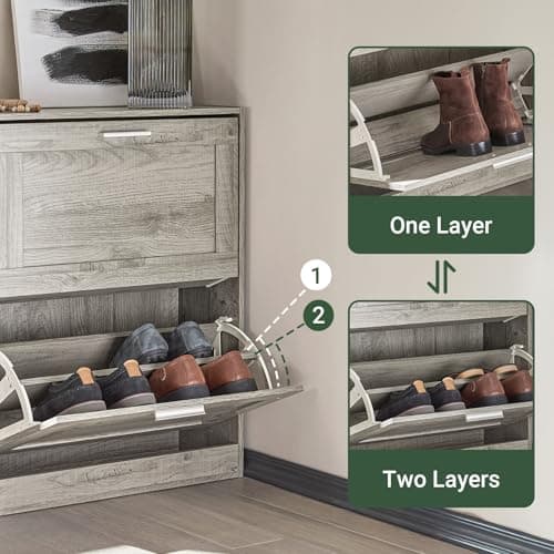 Haotian Enclosed Shoe Rack for Entryway, Narrow Shoe Cabinet with 2 Flip Drawers, Slim Shoe Storage Organizer for Hallway or Small Spaces, Grey, FSR137-HG 5