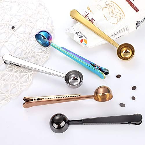 Set of 5 Coffee Scoop Clip,2-in-1 Stainless Steel Coffee Measuring Spoon with Sealing Clips, Kitchen Craft Long Handle Spoon Bag Clip for Coffee, Milk Powder, Oatmeal, Tea,Spices -Multicolor 6