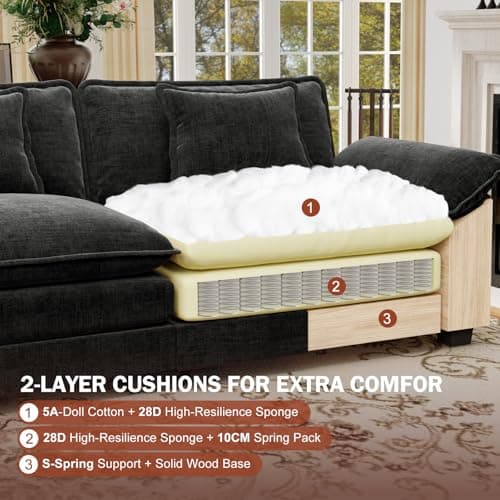 CDCASA 154" Oversized Modular Sectional Sofa, Comfy U-Shaped Cloud Couch w/ 3 Ottoman, 7-Seater Chenille Deep Seat Modern Sofa Couch for Living Room, Bedroom, Apartment, Office, Black 5