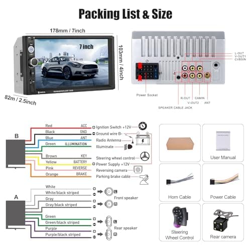 CAMECHO 7" Double Din Car Stereo Audio Bluetooth MP5 Player USB FM Multimedia Radio+ 4 LED Mini Backup Camera with Steering Wheel Remote Support Mobile Phone Synchronization (Used in Android/iOS) 8