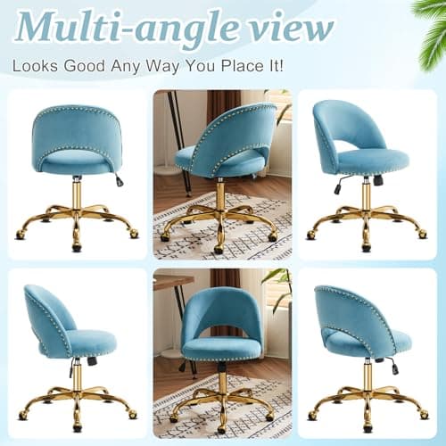 VINGLI Modern Velvet Small Office Chair,Cute Desk Chair with Wheels,Gold Base/Studs, Comfy Armless Swivel Vanity Task Chair for Women/Girl/Kids, Nail Tech Chair for Bedroom,Small Space,Cruising Blue 8