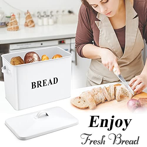 E-far Bread Box, Metal Bread Box with Lid for Kitchen Countertop, Large Bread Bin Holder Storage Container - 13" x 9.8" x 7.3" - Holds 2+ Loaves, Modern Farmhouse & Vintage Style - White 7
