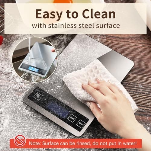BakFee Food Scale, 33lb Digital Kitchen Scale with Stainless Steel & Tempered Glass, USB Rechargeable, 1g / 0.05oz Precise Graduation, Waterproof and Sturdy Surface, for Cooking, Baking, Weight Loss 5