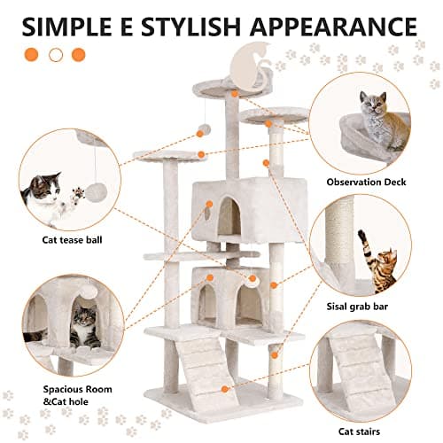 BestPet | 54" Cat Tree Tower | Beige | Sturdy, Easy to Assemble, Multi-Level Activity Center with Sisal Scratching Posts, Condos, Perches, Hanging Cat Toys, Observation Decks & Ladder 6