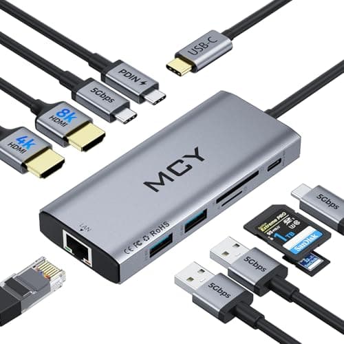 MCY USB C Hub,Laptop Docking Station Dual Monitor Single 8K,2x4K@60Hz,10in1 Type-C Multiport Adapter with PD100W,Card Reader,Extender,Splitter,Ethernet Dock for MacBook Ipad Pro/Dell/HP/Surface etc.