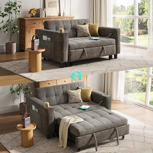 LINSY Sleeper Sofa Bed, 54" Pull Out Couch with Charging Station & Cup Holder, Small 3 in 1 Convertible Loveseat Sleeper Couch for Apartment, Dorm Room, Bedroom and Small Space, Chenille Gray