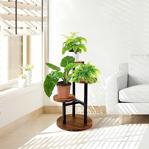 AUGOSTA 3 Tier Plant Stand, Tall Metal Wood Shelf Holder for Indoor, Outdoor Display Rack Flower Pot Stand for Corner Living Room Balcony Garden Patio 5