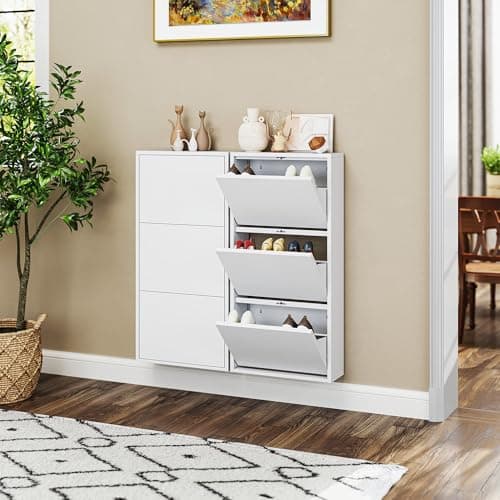 EKJ Metal Shoe Cabinet with 3 Flip Drawers, Hidden Steel Shoe Storage Cabinet for Entryway, Wall Mounted Narrow Shoe Rack Cabinet for Front Door Entrance Hallway