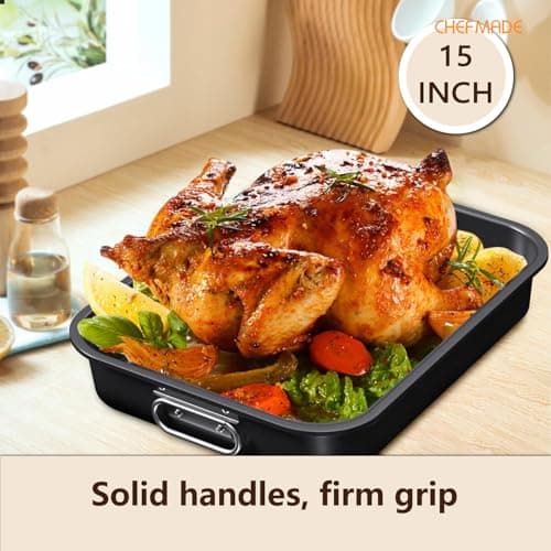 CHEFMADE Roasting Pan with Rack, 15 Inch Deep Roasting Pan, Deep Lasagna Pan for BBQ Vegetbale and Meat 15.4" x 11.2" x 2.3" (Black) 6