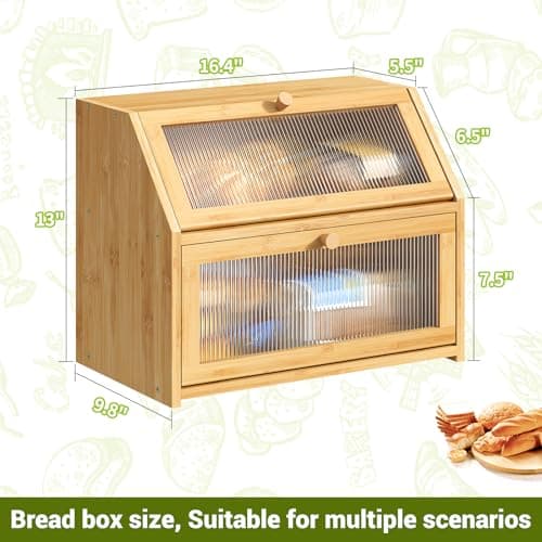 BMOSU Large Bread Box for Kitchen Countertop,Double Layer Bread Box for Kitchen Counter,Bamboo Wood Bread box Capacity Bin Storage(Natural) 7
