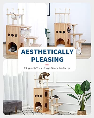 Made4Pets Modern Cat Tree for Large Cat, Wood Cat Tower Heavy Duty with Scratch Post for Indoor Big Cats, 51" Extra Tall Cat Condo Sturdy Frisco Castle with Clear Bowl for Kittens Maine Coon 20Lbs 8