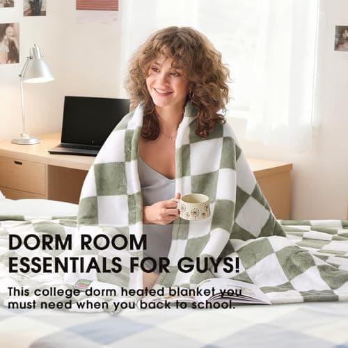 Sage Green Heated Throw Blanket Electric, 50X60 Heating Blanket with 10 Heat Levels & 8 Hours Auto Off for Lap, Checkered Plaid Soft Sherpa Blankets Warmer Gifts for Couch Grandma Women Adults 5
