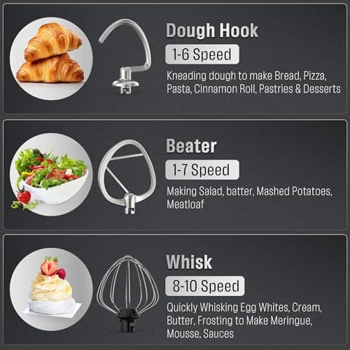 Stand Mixer Body with Stainless Steel Cladding Pro-Grade Powerful Kitchen Mixer for Baking Bread Dough Cake 10+p Speed Tilt-Head Electric Food Mixer With 6.5QT Bowl Dough Hook Wire Whisk Flat Beater 6