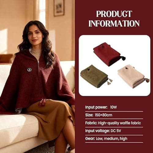 Portable Heated Shawl, Heated Shawl Wraps for Women, 58"X 32" Electric Heating Blanket with 3 Heating Levels, 15s Fast Heating, USB Powered Winter Blanket Wrap with Zipper (Red, No Power Bank) 9