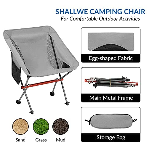 SHALLWE Ultralight Portable Camping Chair,Aviation Aluminum Frame Compact Folding Chairs,300lbs Capacity with Wide Feet and Storage Bag,Suitable for Camping,BBQ,Hiking,Beach,Lawn(Gray) 4