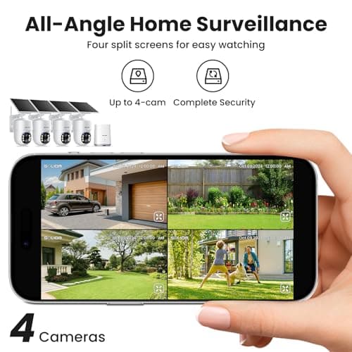 SOLIOM- 5MP Security Cameras Wireless Outdoor, No Subscription & Solar Powered,4-Cam Pack Cameras for Home Security with 360° Auto Motion Tracking, 3K Color Night Vision,5G & 2.4G Router Compatible 6