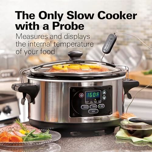 Hamilton Beach Portable 6 Quart Set & Forget Digital Programmable Slow Cooker with Lid Lock, Temperature Probe, Dishwasher Safe Crock & Lid, Stainless Steel (33969A) 6