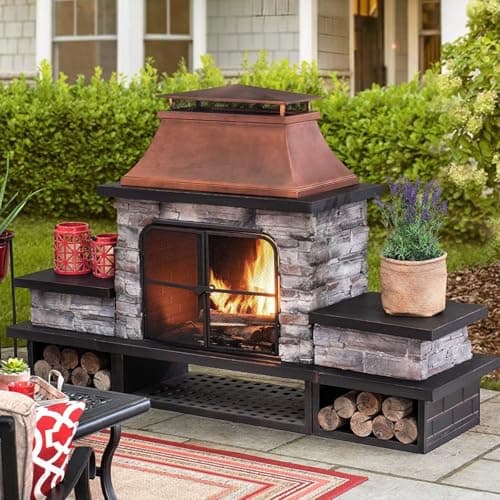 Sunjoy Outdoor Fireplace, Patio Wood Burning Fireplace with Steel Chimney, Mesh Spark Screen Doors, Fire Poker, and Removable Grate, Copper and Black