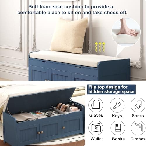 HOMEFORT 41.3" Shoe Bench with Lift Top Storage, Entryway Bench with Cushioned Seat, Wooden End of Bed Bench, Shoe Cabinet Bench with Hidden Storage Space, for Bedroom, Hallway,Blue 5